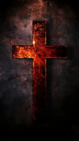 Burning red cross glows against a dark, textured backdrop