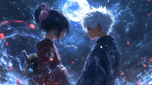 Moonlit samurai couple in swirling blue night sky.