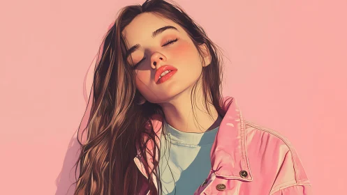 Digital painting portrait with pastel pink minimalist backdrop.