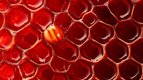 Red honeycomb cells with glossy candy detail macro.