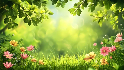 Sunlit Garden Meadow with Colorful Flowers in Lush Illustration.