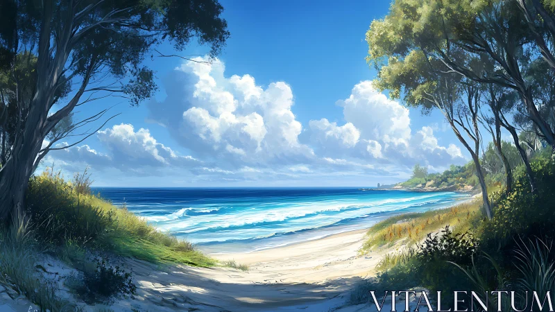 Sunlit coastal inlet frames turquoise surf and clouds.