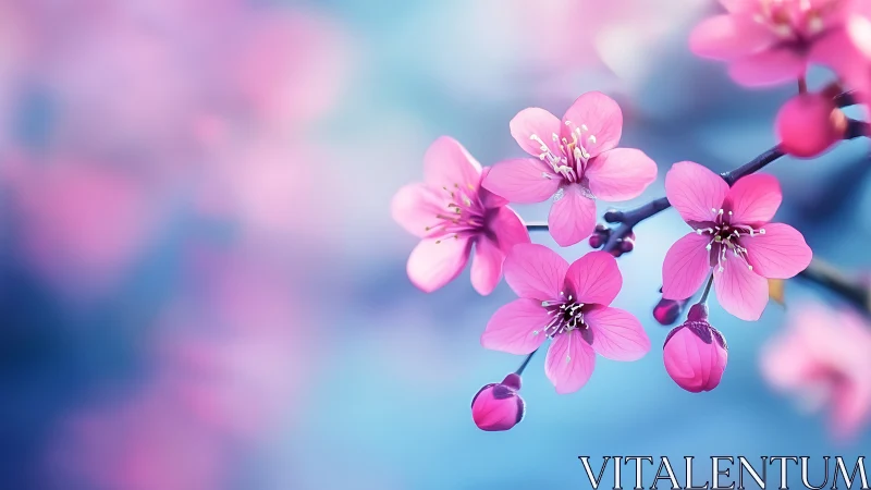 Pink Cherry Blossoms on Blue Gradient Background.