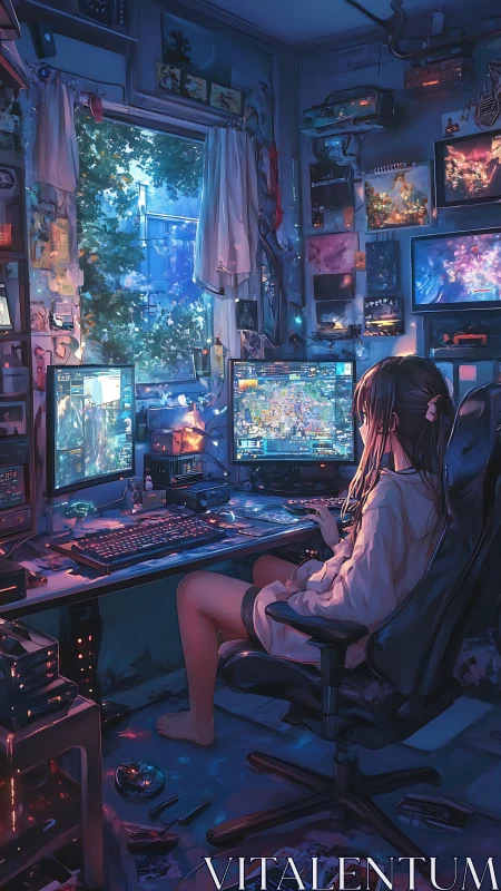 Cozy gamer sanctuary glows with screens and twilight light