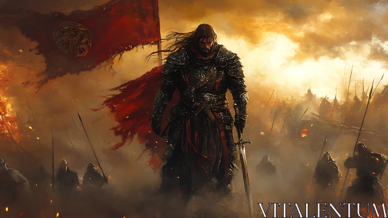 Battle-scarred knight strides through embers and dusk.