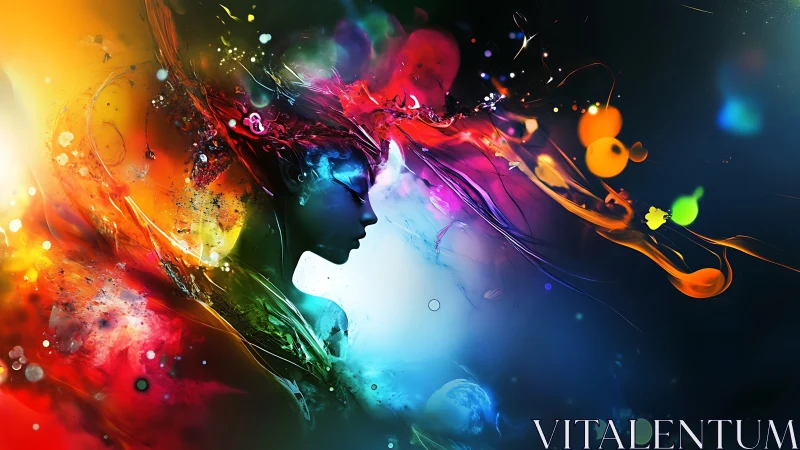 Chromatic spirit silhouette merges with liquid cosmic light.