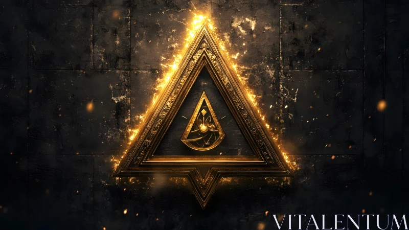 Illuminated Golden Triangle with Eye Symbol on Dark Grunge Background.