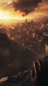 Burning sky over a crumbling city at the edge of hope.