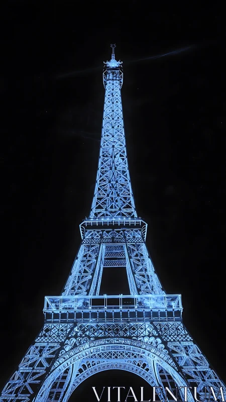 Eiffel Tower structure illuminated in blue against dark sky.
