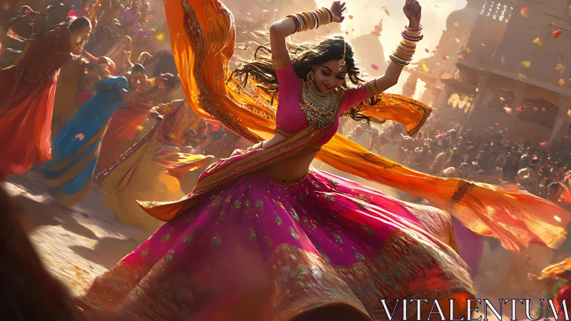 Woman in traditional dress rotates within dense festival crowd