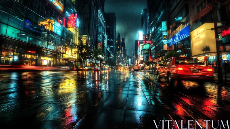 Cyberpunk rain-slick avenue with neon reflections at night.