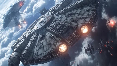 Detailed starship battle over cloudy planet with fighters