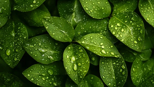 Green leaves display dense water droplets on smooth surfaces