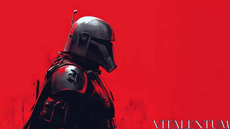 Armored sci fi soldier in profile on flat red backdrop.