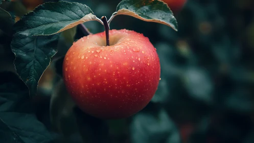 Single red apple with water droplets on tree branch.