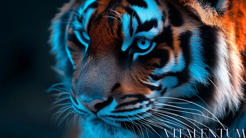 Close tiger portrait in blue and orange contrasting light.