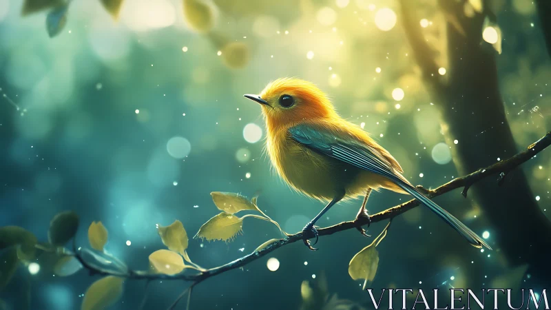 Vibrant yellow bird on branch in dreamy, soft-focus forest scene.