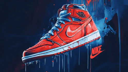 Red Nike sneaker bursts through electric blue paint field.