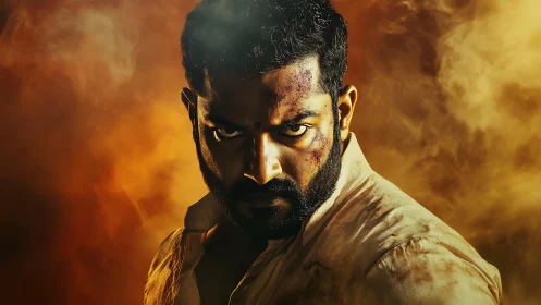 Male subject in close-up portrait amid dense orange smoke