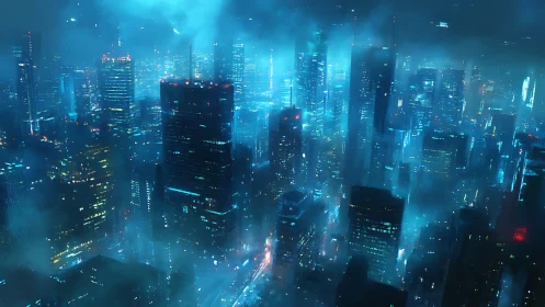 Neon-soaked cyberpunk skyline under heavy city fog.