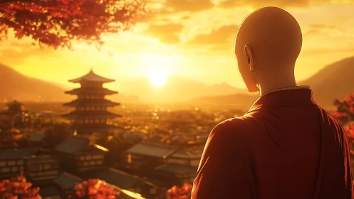 Sunlit monk silhouette observing pagoda city at golden sunset
