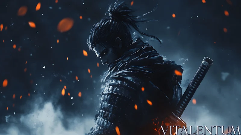 Emberlit ronin profile in volumetric smoke and steel dusk.