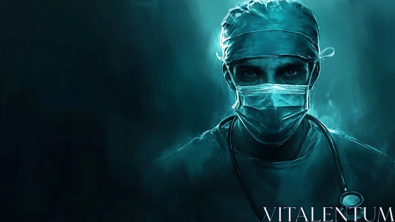 Surgeon in mask and scrubs stands centered in teal lighting
