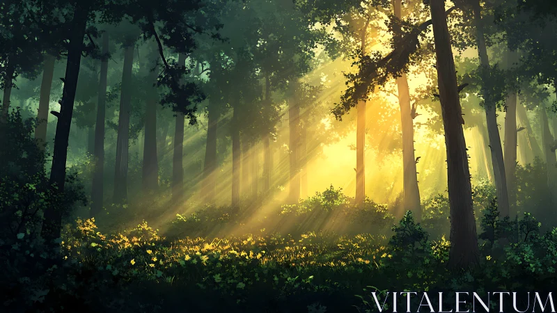 Sunlight Pierces Through Towering Ancient Woodland Serenity