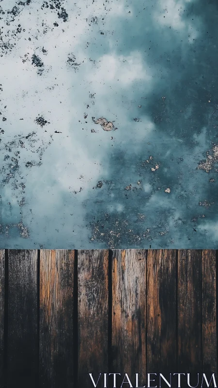 Weathered wooden pier bordering reflective blue water plane