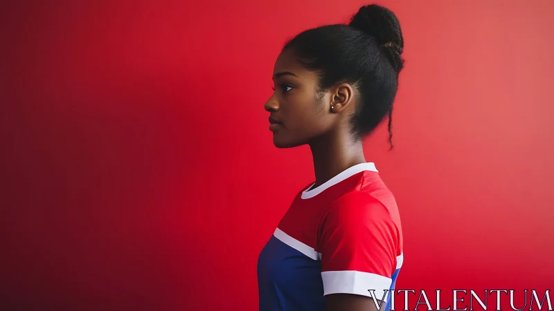 Confident young woman in sports jersey, minimal studio portrait.