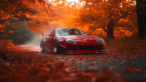 Widebody red sports coupe on autumn forest road at golden hour.