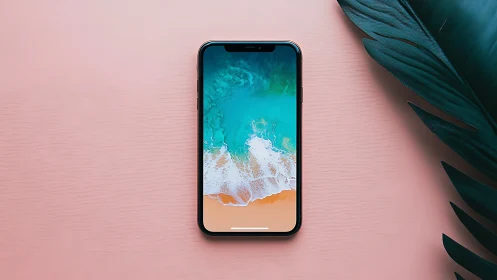 Smartphone Displays Tropical Beach Waves Against Pink Background.