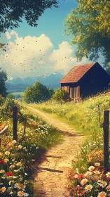 Sunlit rural path with wildflower meadow and distant alpine range