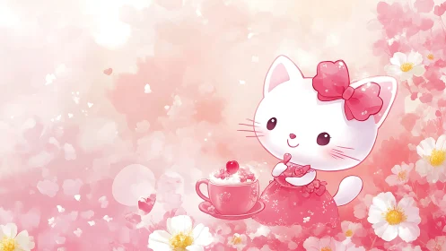 Cute white kitten enjoys pink dessert in dreamy florals.