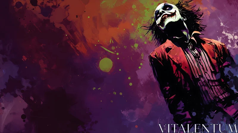 Clown-masked figure in red suit amid abstract splatter field.