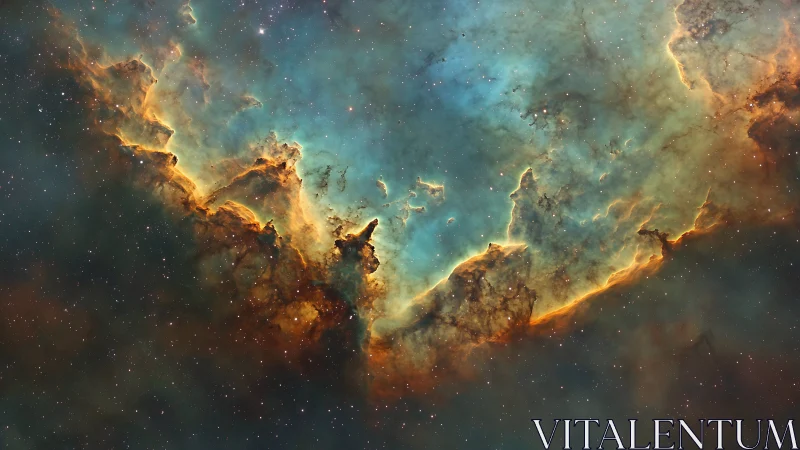 Emission nebula with glowing gas clouds and dark dust lanes.