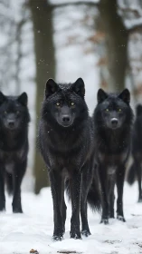Black wolf pack aligned in frontal formation against snowy forest