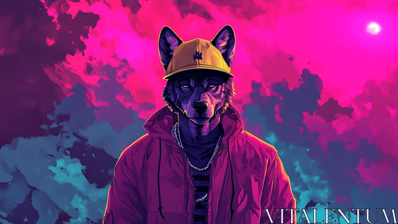 Urban wolf portrait stands under neon pink storm sky