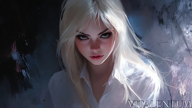 Intense blonde woman in white shirt on dark painted backdrop.