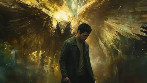 Brooding wanderer shadowed by a colossal golden raven guardian.