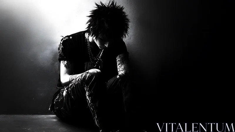 Solitary punk silhouette in stark monochrome lighting study.