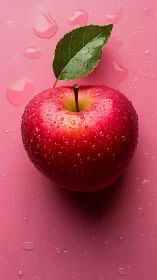 Photorealistic wet apple on pink minimal studio backdrop.