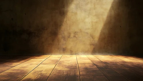 Sunlit wooden floor intersects textured wall in warm chiaroscuro