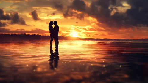 Silhouetted Couple at Sunset: Golden Hour Romance Over Water.