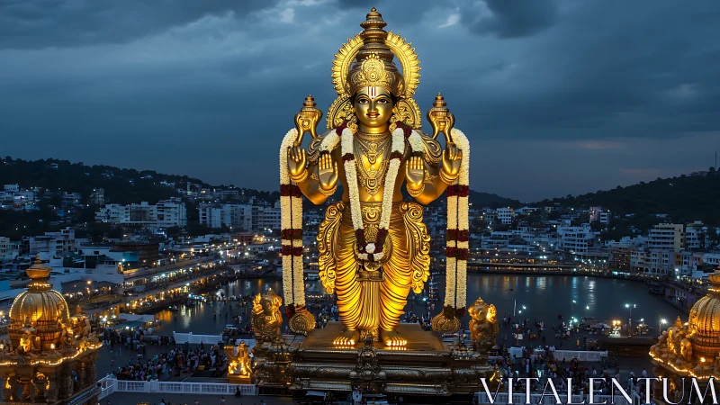 Golden Hindu deity statue glows above lakeside cityscape at dusk.