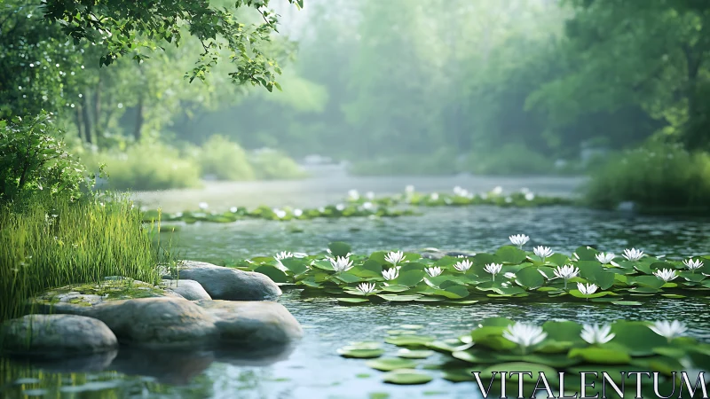Tranquil lily pond bathed in soft morning forest light.