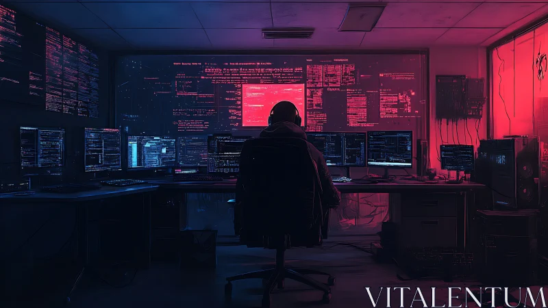 Solitary hacker at multi-monitor workstation in neon glow.