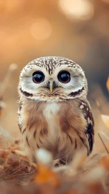 Small owl stands alert in soft autumn bokeh light
