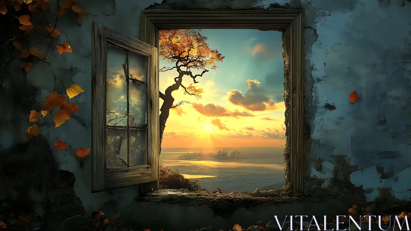 Decayed masonry aperture framing luminous littoral horizon.