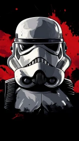 Armored sci‑fi trooper helmet illustration on red splatter field